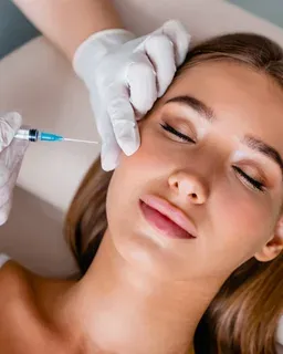 Aplicação de toxina botulínica na região da têmpora, com paciente de olhos fechados, na Clínica Dra. Simoni Bett, Joinville