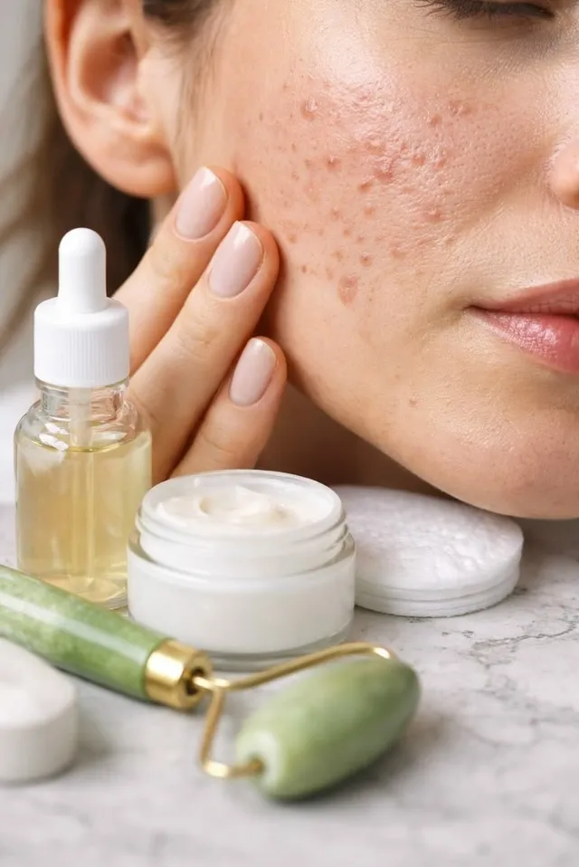 Cuidados com a Pele com Acne em Joinville Mulher tocando o rosto com acne, com séruns e rolo facial ao lado, cuidado com a pele na Clínica Dra. Simoni Bett, Joinville